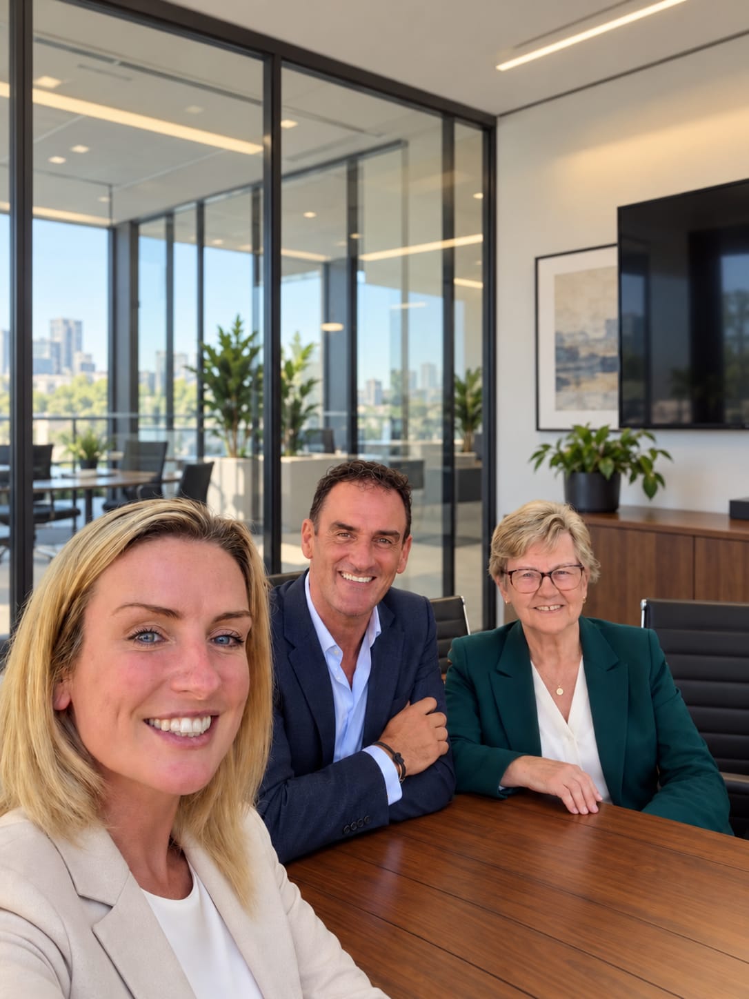 Neil Walters with two people seated around a meeting-room table